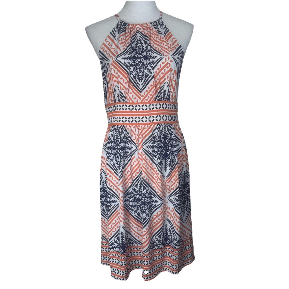 London Times Halter Dress 8 White Blue Orange Flowy Lightweight Boho Summer